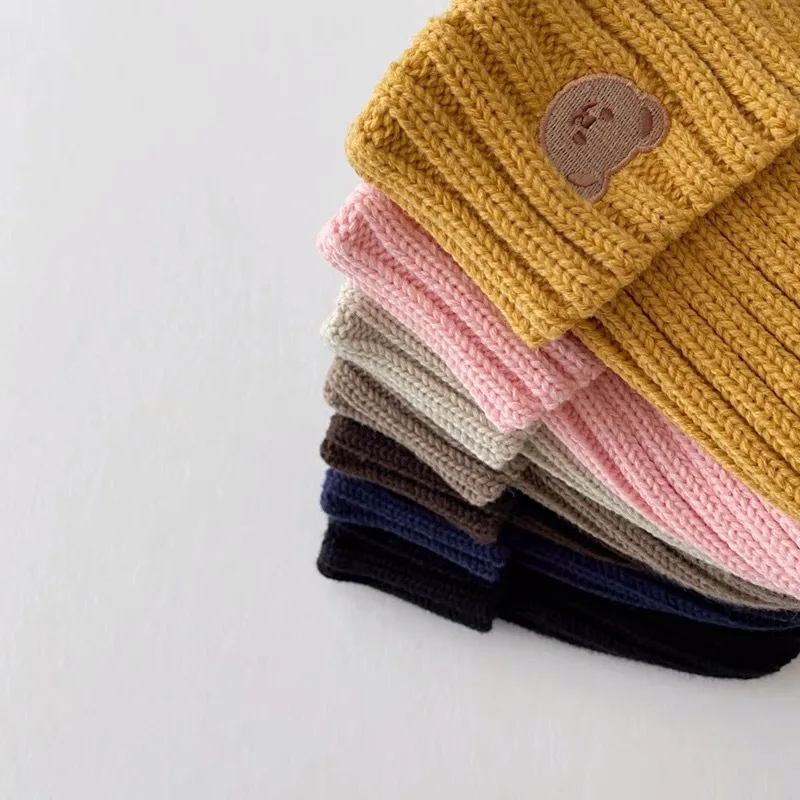 Knit Hat Baby Hat Korea Spring Autumn Kids Boys Girls Knit Hat Candy Color Bear Head Embroidery