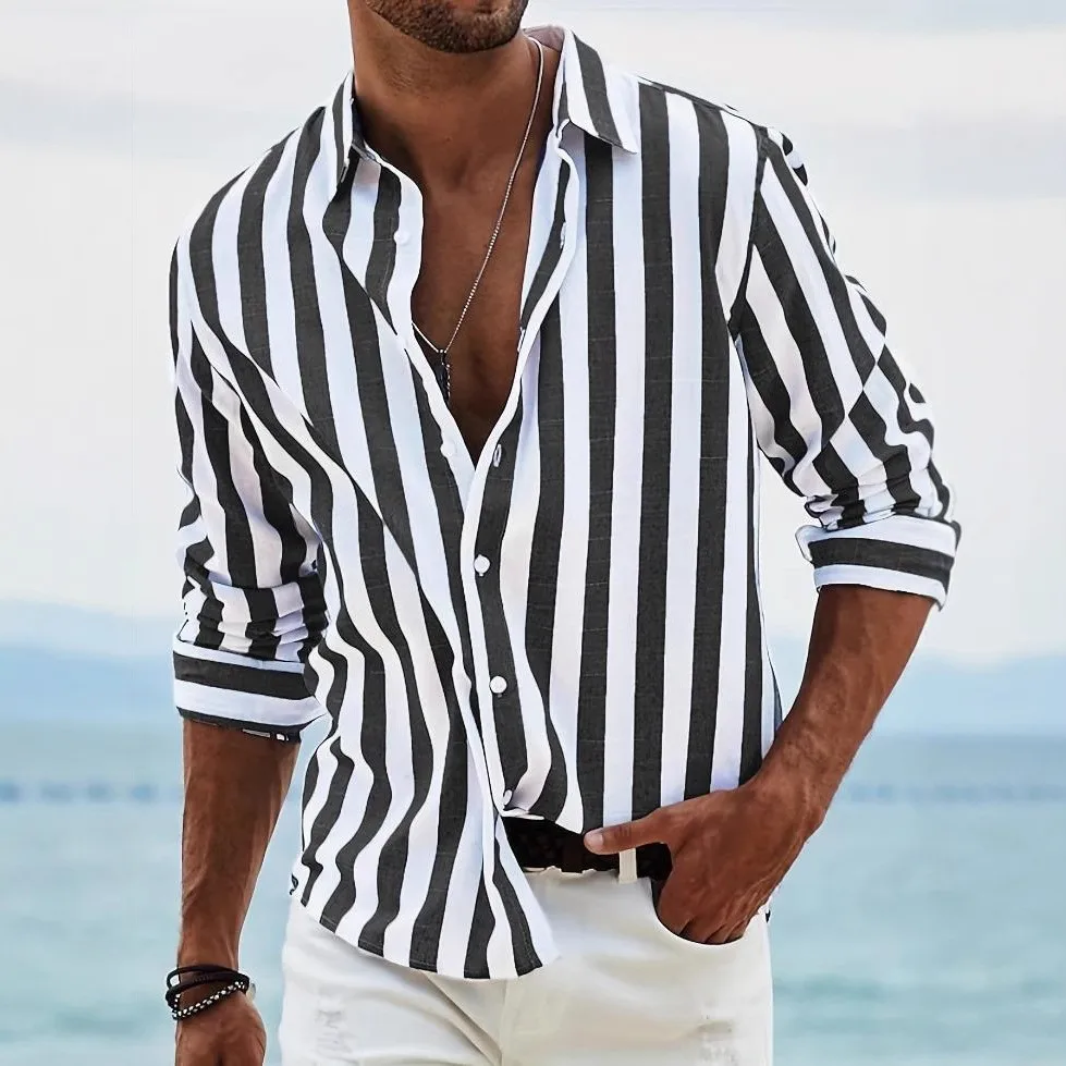 Spring and Autumn New Men's Color Woven Striped Casual Loose Long Sleeved  Shirt | eBay