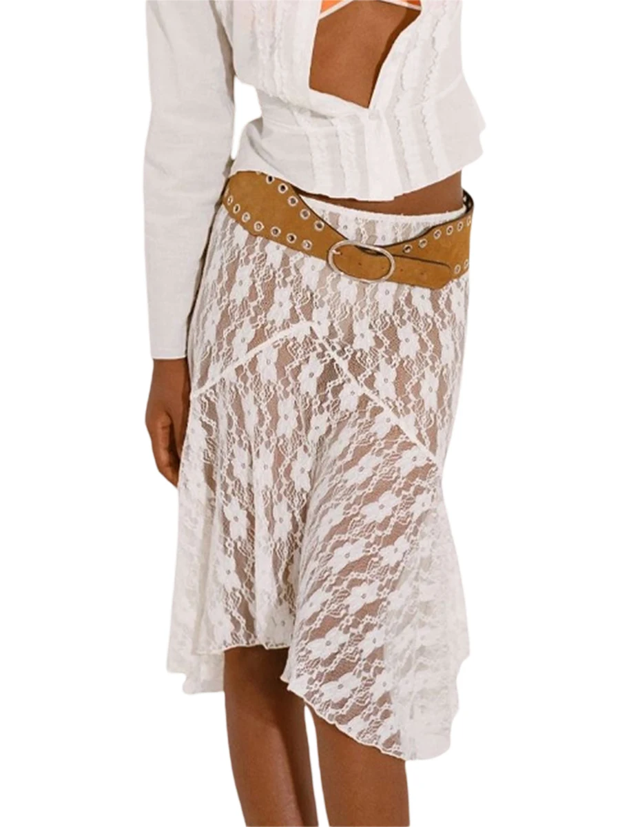 

Women Lace Midi Skirt Summer Low Waist Flower See-through Irregular Hem Skirts Y2K Vintage for Beach Vacation Streetwear 2000s