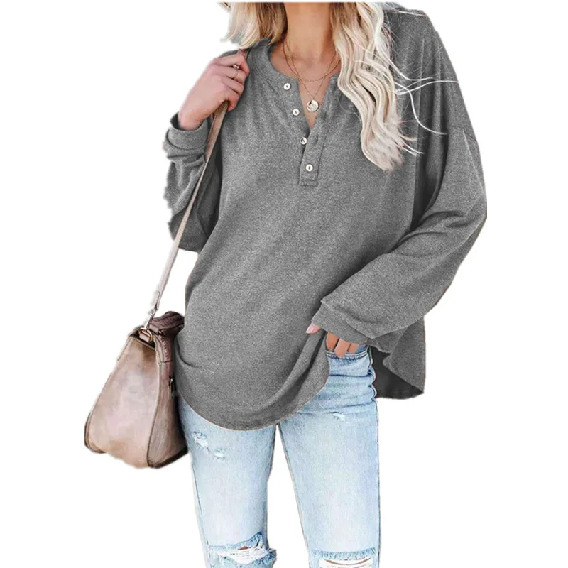 

2023 Women's Autumn Solid Half Open Button V-Neck Top Long Sleeve T-shirt Pullover