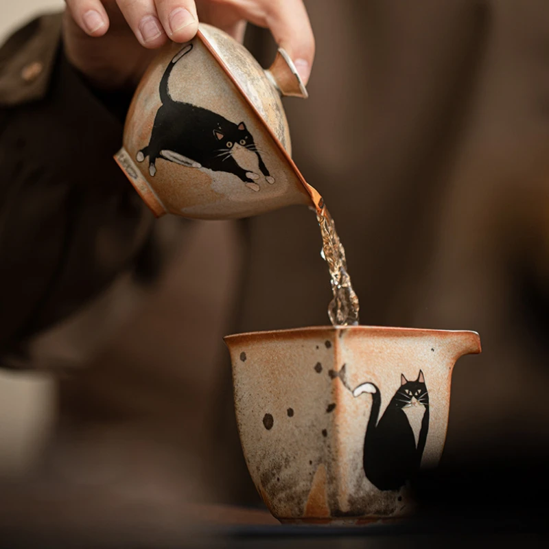 Tea Set 130ml Vintage Cute Zhi Ye Cat Porcelain Gaiwan Set For Tea Tureen Teaware Cup Chinese Hand-Paint Bowls Chawan Tea Ceremony Set