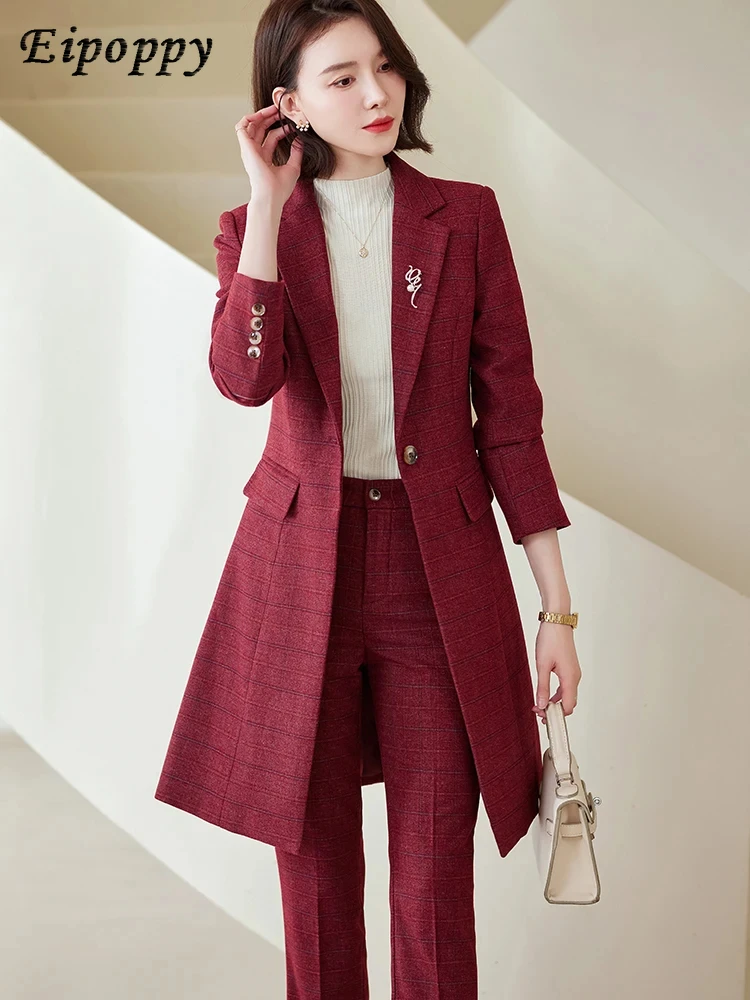 

Women Long Blazer 2 Pieces Set Red Blue Black Coffee Plaid Female Jacket and Trouser Office Ladies Work Business Wear Pant Suit