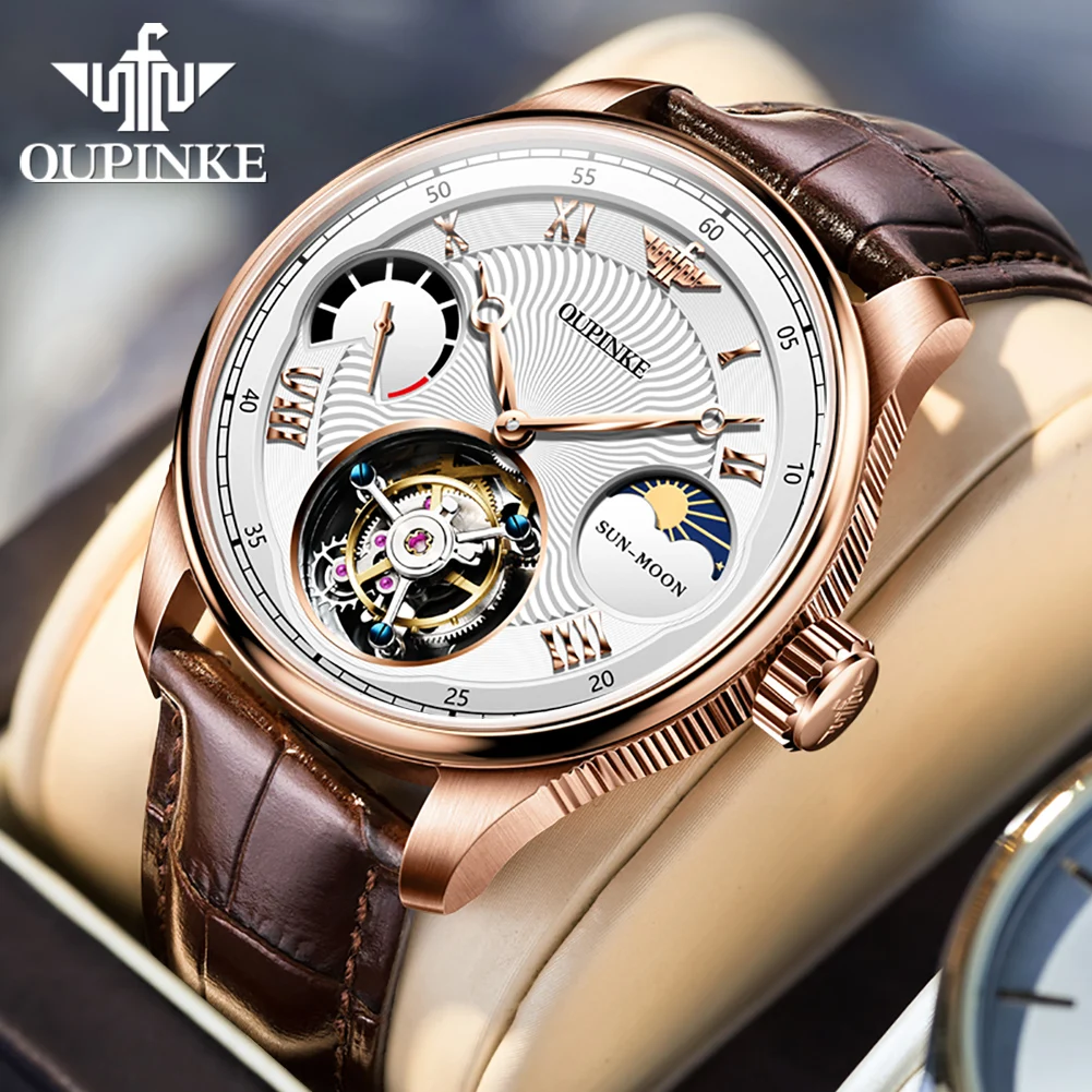 OUPINKE orologio originale Real Tourbillon per uomo orologio da polso meccanico impermeabile in pelle di lusso con carica a mano scheletro di marca superiore