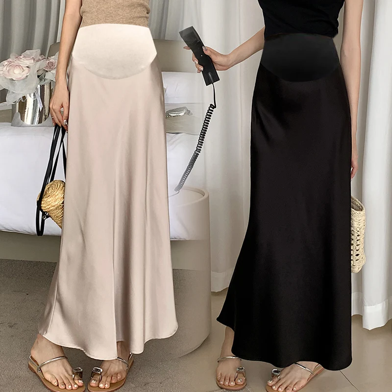 Satin Smooth Drooping Maternity Fishtail Skirts Summer Y2k Youth A Line Pencil Elastic Waist Belly Bottoms for Pregnancy Women
