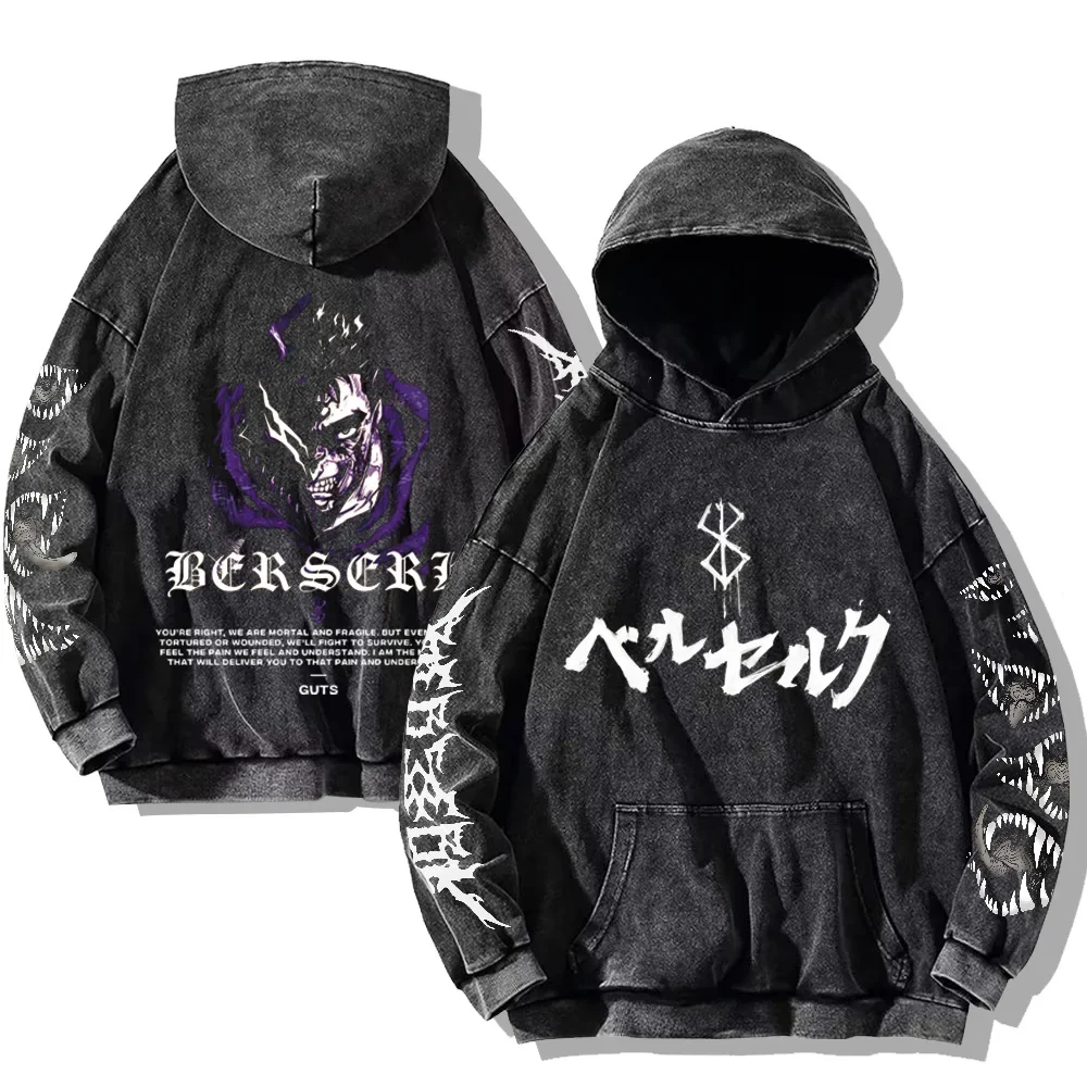 Autumn Men's Hoodies Gothic Print Vintage Washed Hoodie Hip