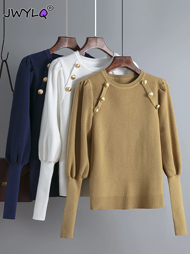 

Autumn Winter O-neck Chic Gold Button Pullover Sweater Women Solid Color Vintage Loose Long Sleeve Tops Casual Knitted Sweater