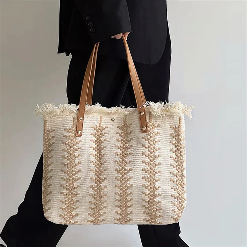Fashion Cotton Linen Woven Tote Korean Simple Large Capacity Women Handbag Shoulder Bag Tassel Shopping Bag Travel Commuting Bag