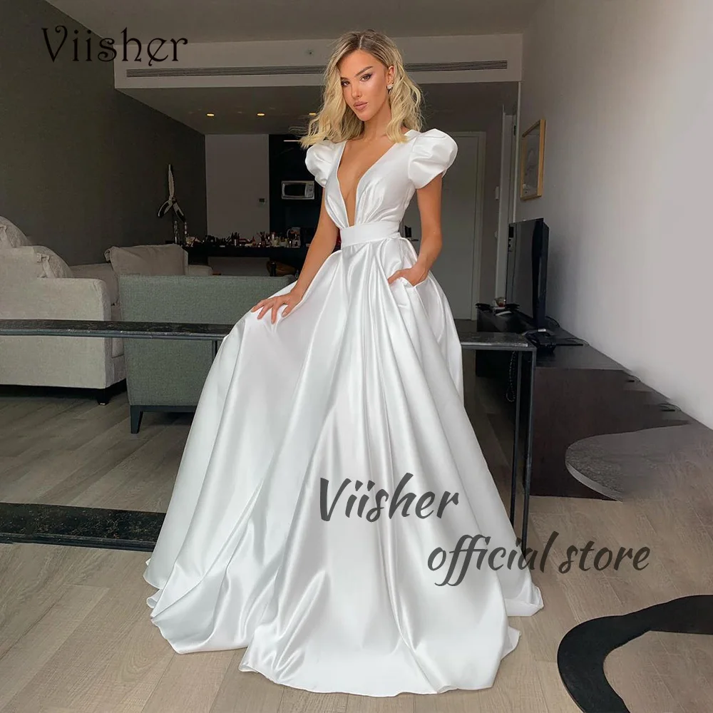 

Viisher White Satin A Line Wedding Dresses Cap Sleeve Deep V Neck Bride Dress with Pockets Long Civil Wedding Bridal Gowns