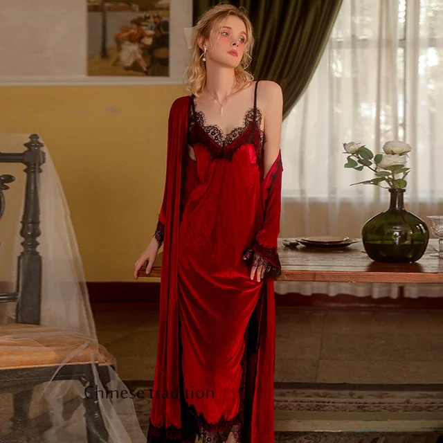104874-d8090d.jpg Ensemble de vêtements de détente en velours pour femmes, robe de peignoir en dentelle, robe longue, chemise de nuit sexy, vêtements de nuit éducatifs, automne et hiver
