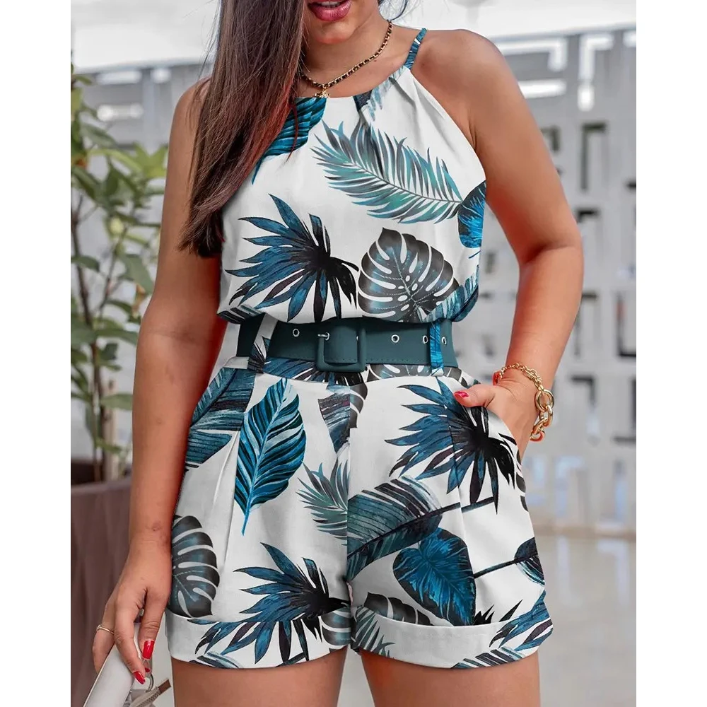

Summer Women Tropical Print Sleeveless O Neck Top & Shorts Set With Belt Casual Femme 2 Piece Cami Top Set Daily Vacation