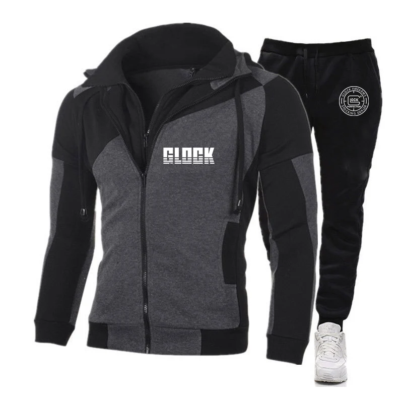 2023 Spring Autumn New Glock Perfection Shooting Printed Fashion Patchwork Double Zipper Hoodies+Solid Color Sweatpants Slim Set
