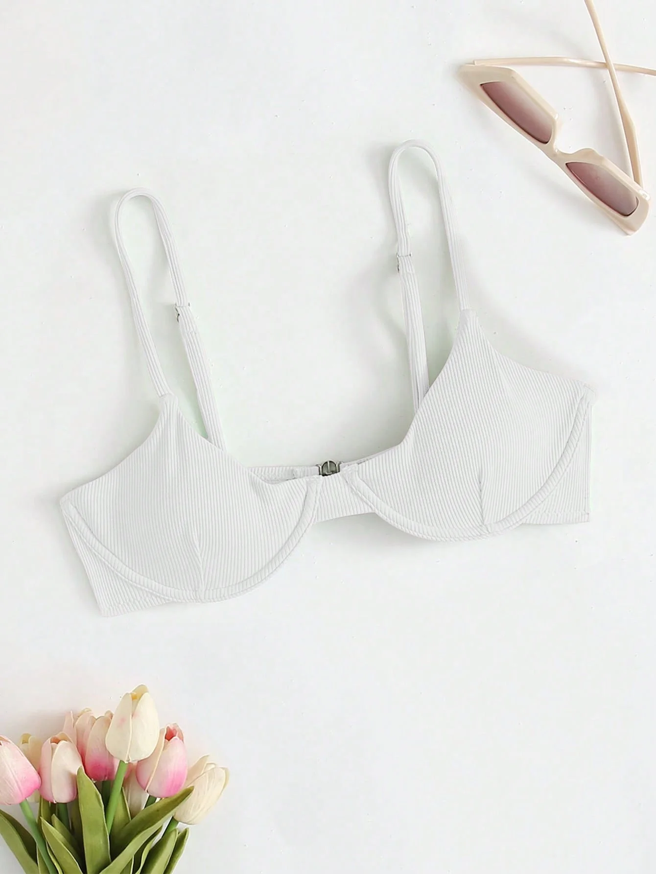 Women's White Ribbed Bikini Top, Underwire Support with Front Clasp Adjustable Strap Swimwear Top 1