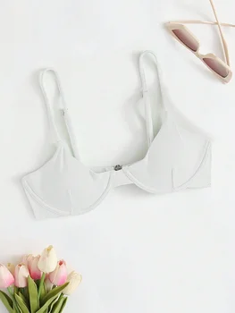 Women's White Ribbed Bikini Top, Underwire Support with Front Clasp Adjustable Strap Swimwear Top 1
