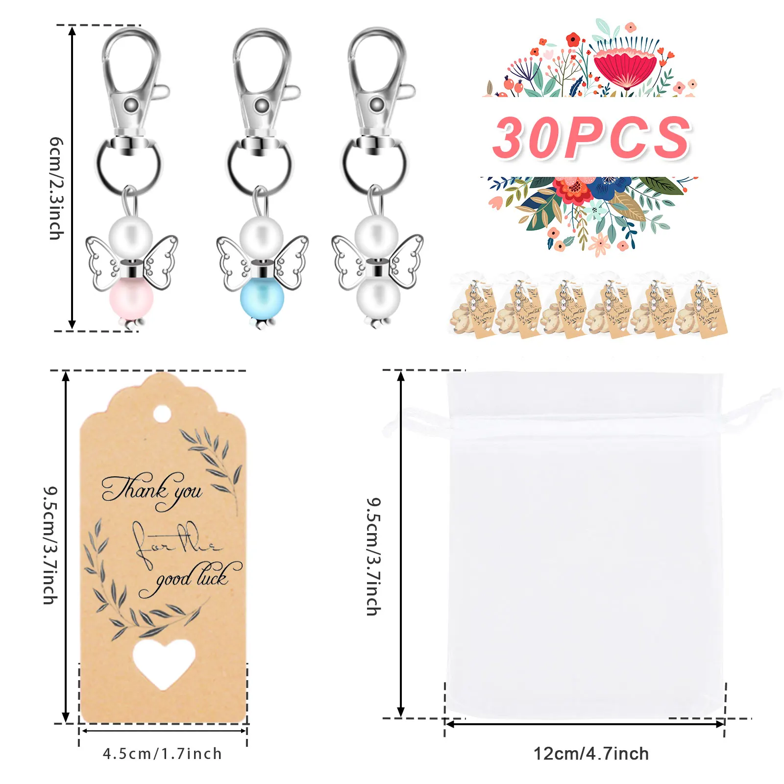 30Pcs Angel Keychains Set with 30 Organza Bags and 30 Thank You Tags Baby Shower Favors Zinc Alloy Angel Keyrings Pendant Guest