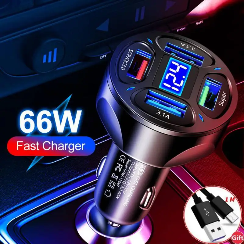 

66W Car USB Phone Charger Fast Charging Quick Charge 3.0 4 Ports Auto Phone Charger Power Adapter For iPhone 13 Xiaomi Samsung