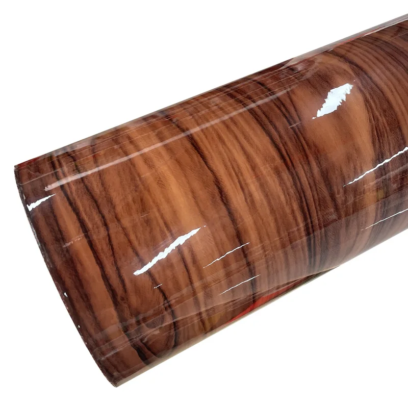 High Gloss Wood Grain Textured Vinyl Wrap with Air-Release Adhesive for DIY Home and Office Furniture Decor