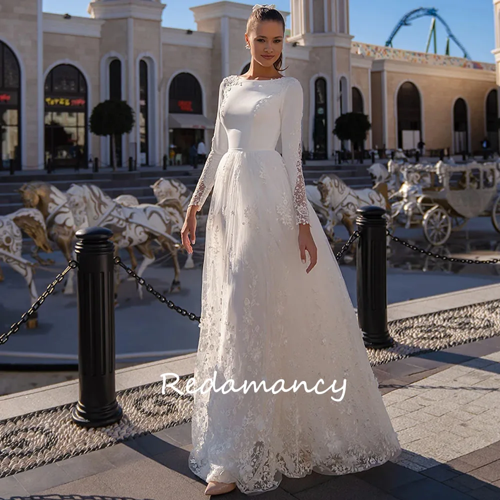 

Redamancy O-Neck A-Line Wedding Dress Long Sleeve Lace Appliques Modern Satin Bride Gown Button Floor Length Vestidos de novia