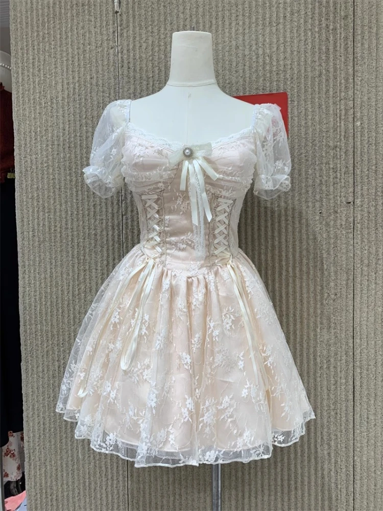 

Summer Sweet Lace Bow Fluffy Dress Women 2024 High New Quality French Elegant Bead Tied Waist Mesh Panel Short Sleeve Mini Skirt