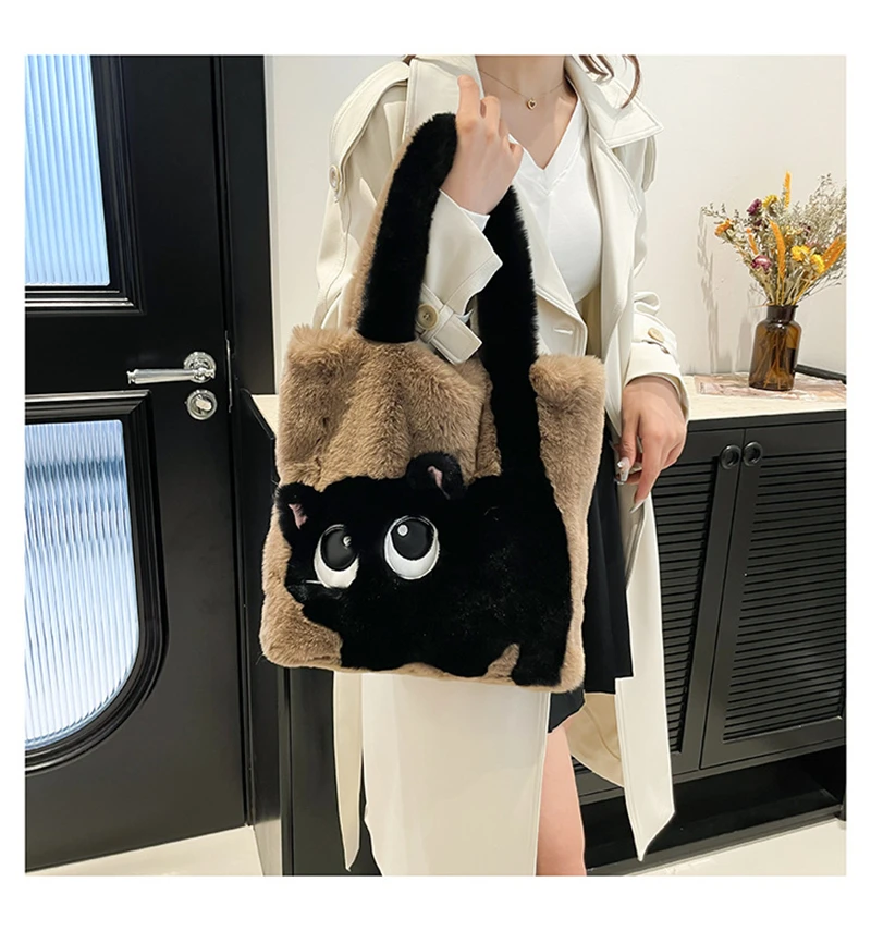 Soft Plush Bag Women Large Capacity Creative Cartoon Tote Handbag Cute Single Shoulder Bag Winter Fluffy Shopping