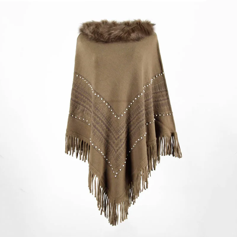 

Autumn Winter New European American Capes Shawl Imitation Wool Collar Nail Bead Tassel Sweater Ponchos Lady Cape Khaki Cloak