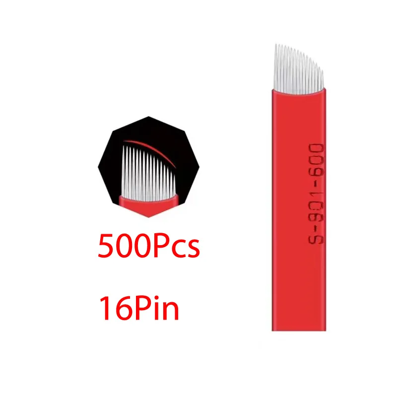 

500pcs Disposable Nano Eyebrow Tattoo Microblading Permanent Makeup Sterile Needle U shape Tebori Blade 0.18mm red 16 pins