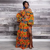 Printed African Inspired Women's Fashion Set, One-Line Neck, Full Sleeve, Off Shoulder Top, Slit Skirt 2