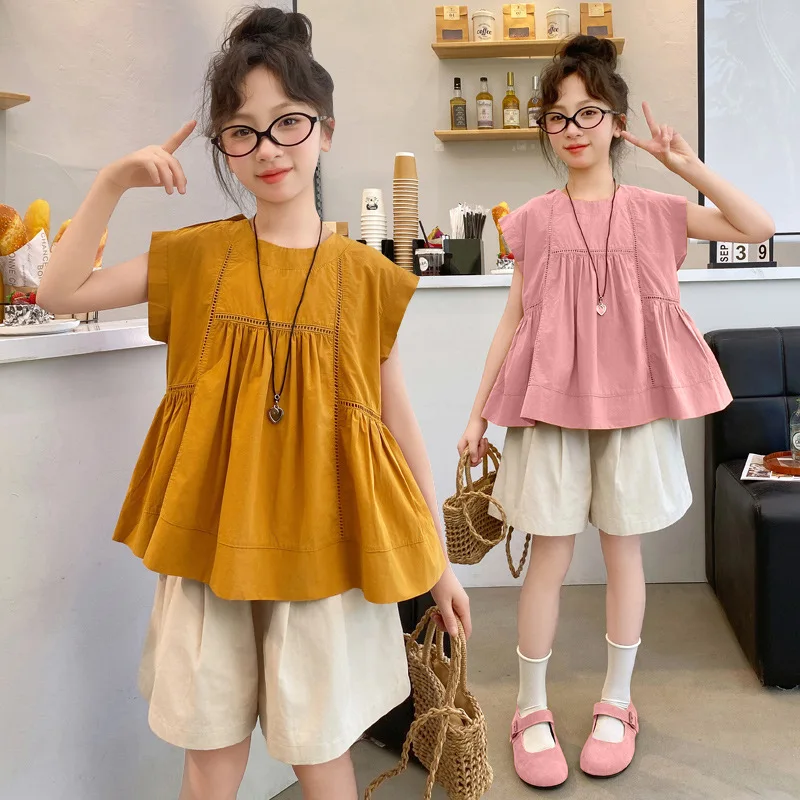 

Girls Blouse 2024 Summer New Korean Style Childrens Clothes Sleeveless Cotton Doll Shirt Casual Simple and All-matching