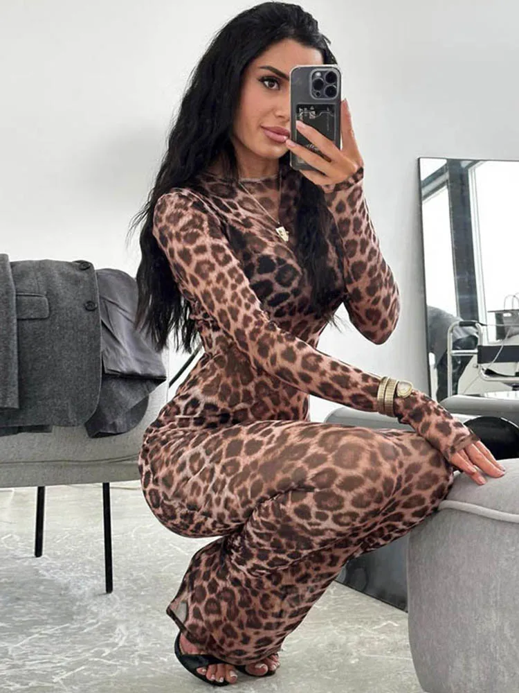 Women's Summer 2025 Leopard Print Mesh Dress Sexy O-neck Long Sleeve See-through Slim Fit Streetwear for Holiday Parties 4