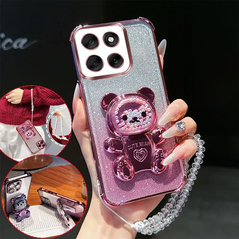 Shockproof Phone Case with 3D Bear Stand and Crystal Chain Lanyard - Transparent and Stylish Design