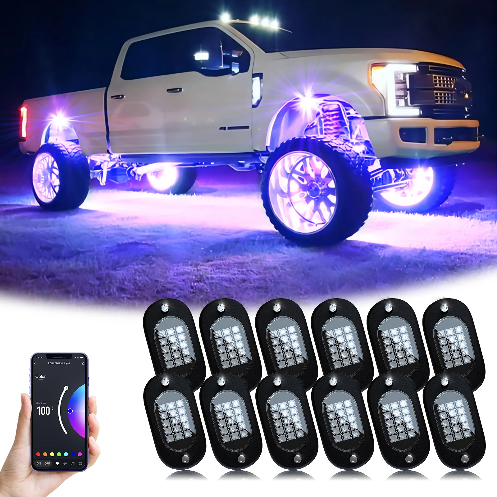 Honalia LED-Felslichter für LKWs, 4/6/8/10/12 Schoten, RGB-LKW-Felslichter-Kits mit App-Steuerung für ATV, UTV, RZR