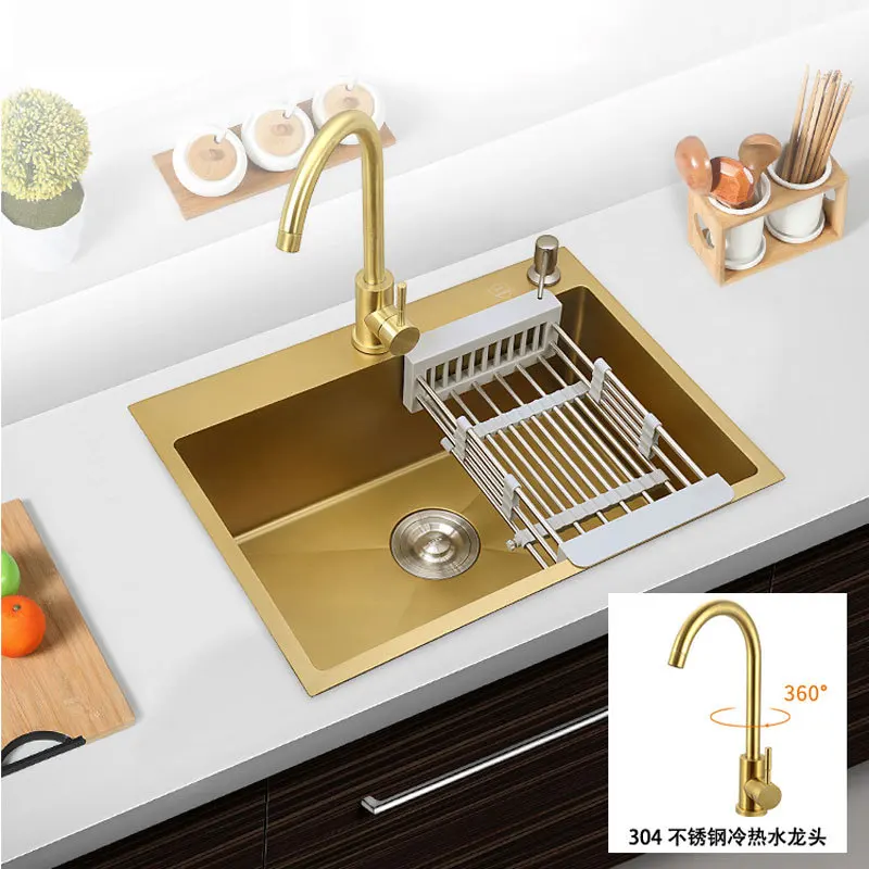 Brushed Gold Single Sink Bowl 30 Inch 9 Gauge Kitchen Sink Sus304 Stainless Steel Kitchen Towel Undermount Basket Strainer