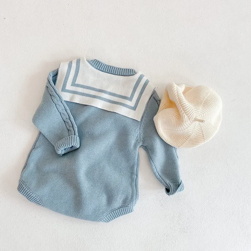 

Cute Baby Girl Romper For 0-2Years Newborn Long Sleeve Sailor Collar Bow Knitwear Bodysuit One-Pieces INS Spring Autumn Clothes