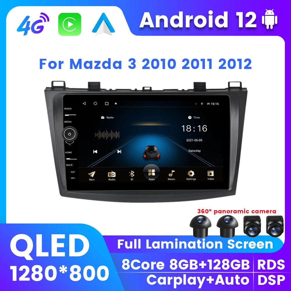

QLED 8G+128G Android 12 Car Multimedia Player For Mazda 3 2010 2011 2012 GPS Stereo Radio Wireless Carplay BT DSP 2Din Head Unit