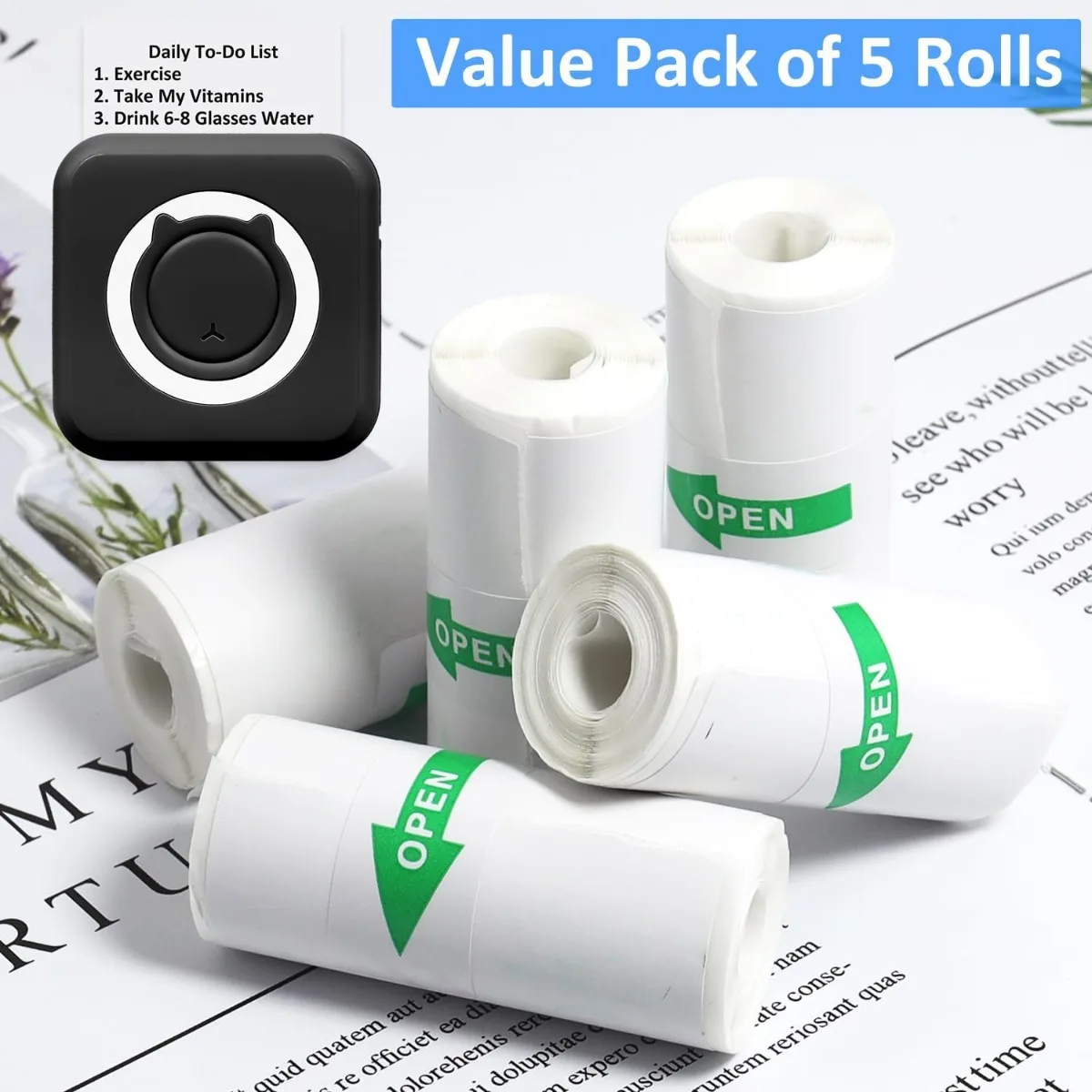5 Rolls Thermal Adhesive Sticker Paper 57x25mm Inkless Black on White Paper for Mini Thermal Printer Cash Register POS Receipt