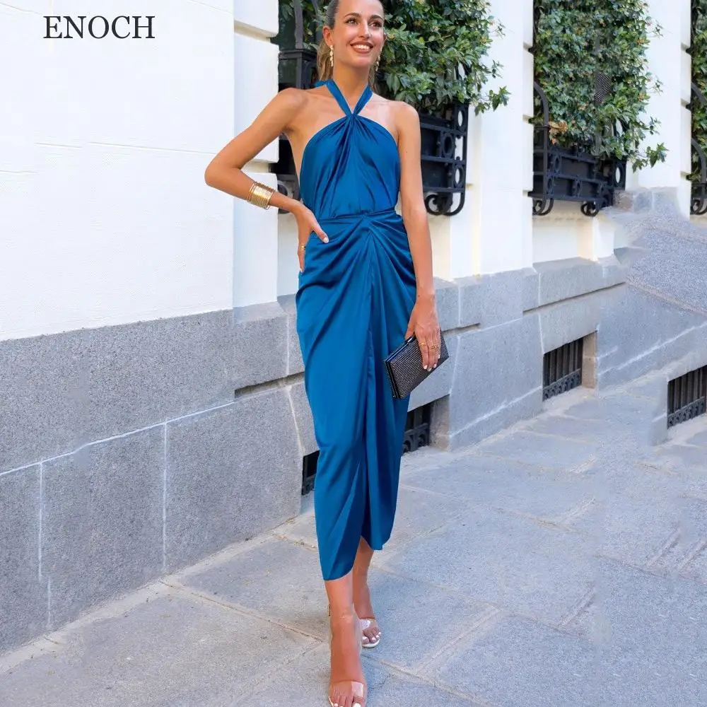 

ENOCH Simple Halter Satin Cocktail Dresses Open Back Sleeveless Party Gown Tea-Length Custom Made Vestidos De Gala Summer New