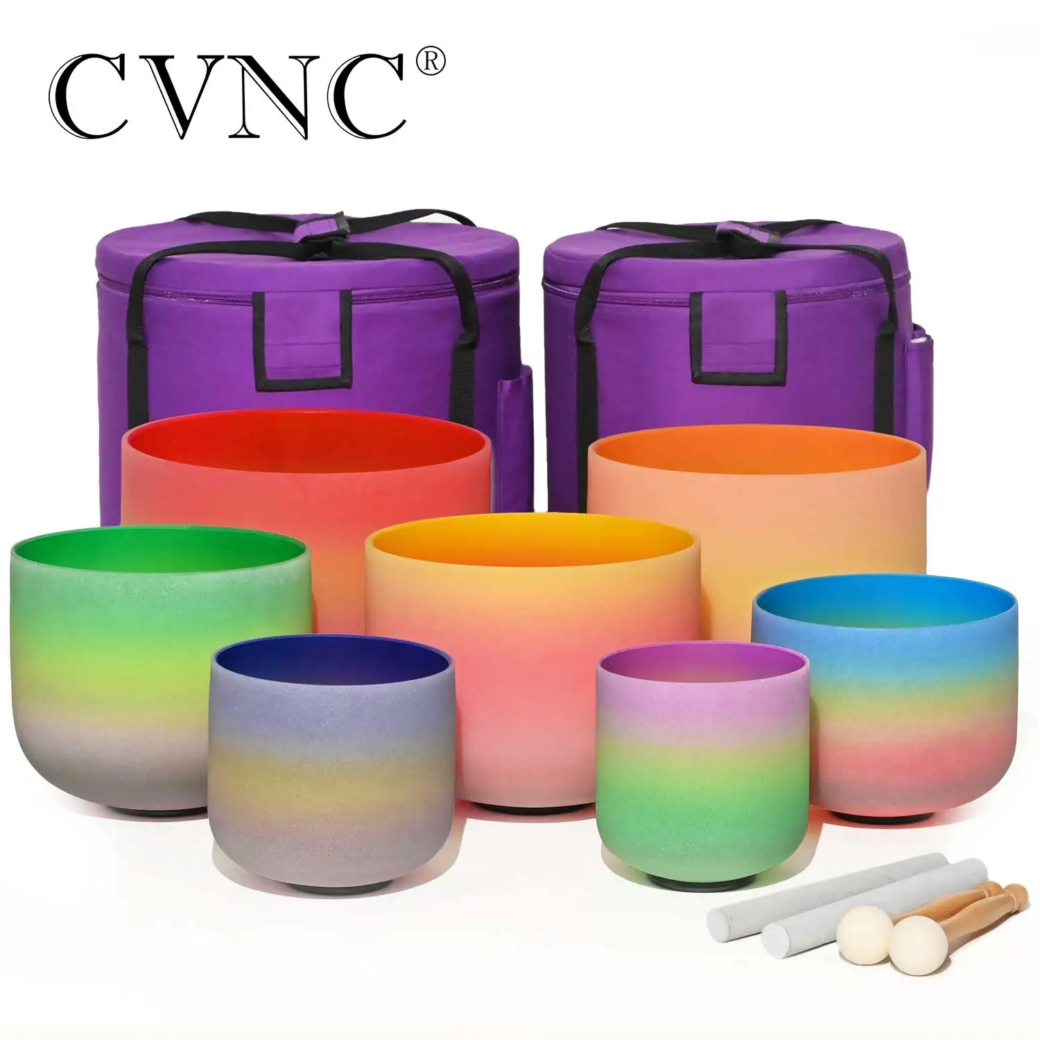 

CVNC 6- 12 Inch Crystal Singing Bowl 7 Chakra Set Rainbow Design Instrument Colored Sound Healing Relaxation With Free Pur Bags
