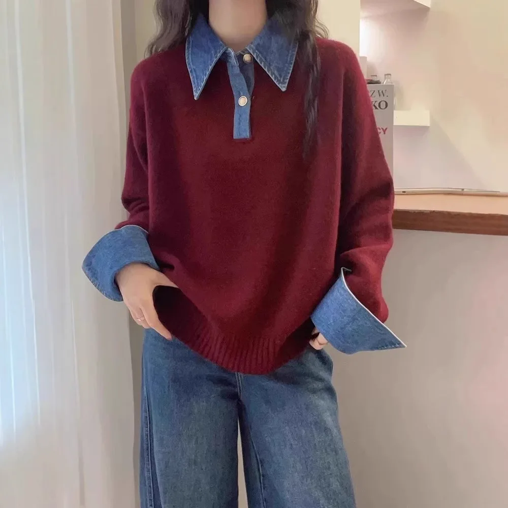 Women Denim Patchwork Knitted Sweater Autumn Winter