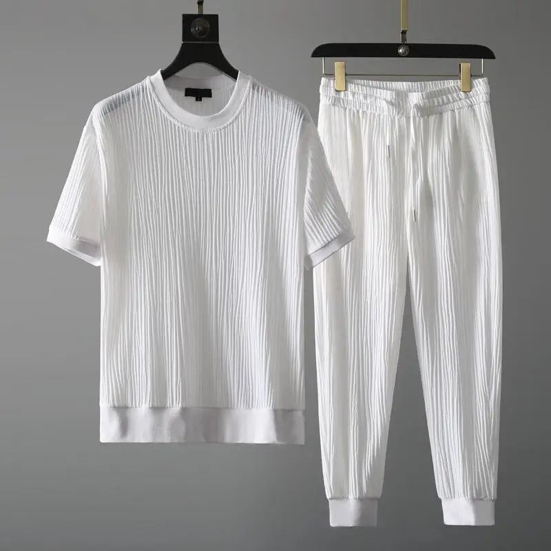 Summer Casual Suit Men's 2025 New Round Neck Elastic Breathable Pleated Short-sleeved Nine-point Pants Thin One Set S6738f758d77f4752abcc8b84be8e5b1dm