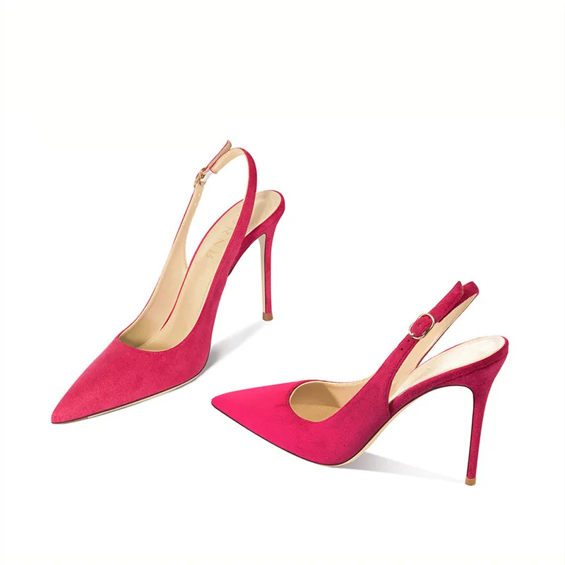 Women Heel Sandal Slingback Pointed Toe Sexy French Style Summer Flock Genuine Leather Side Open Stilettos