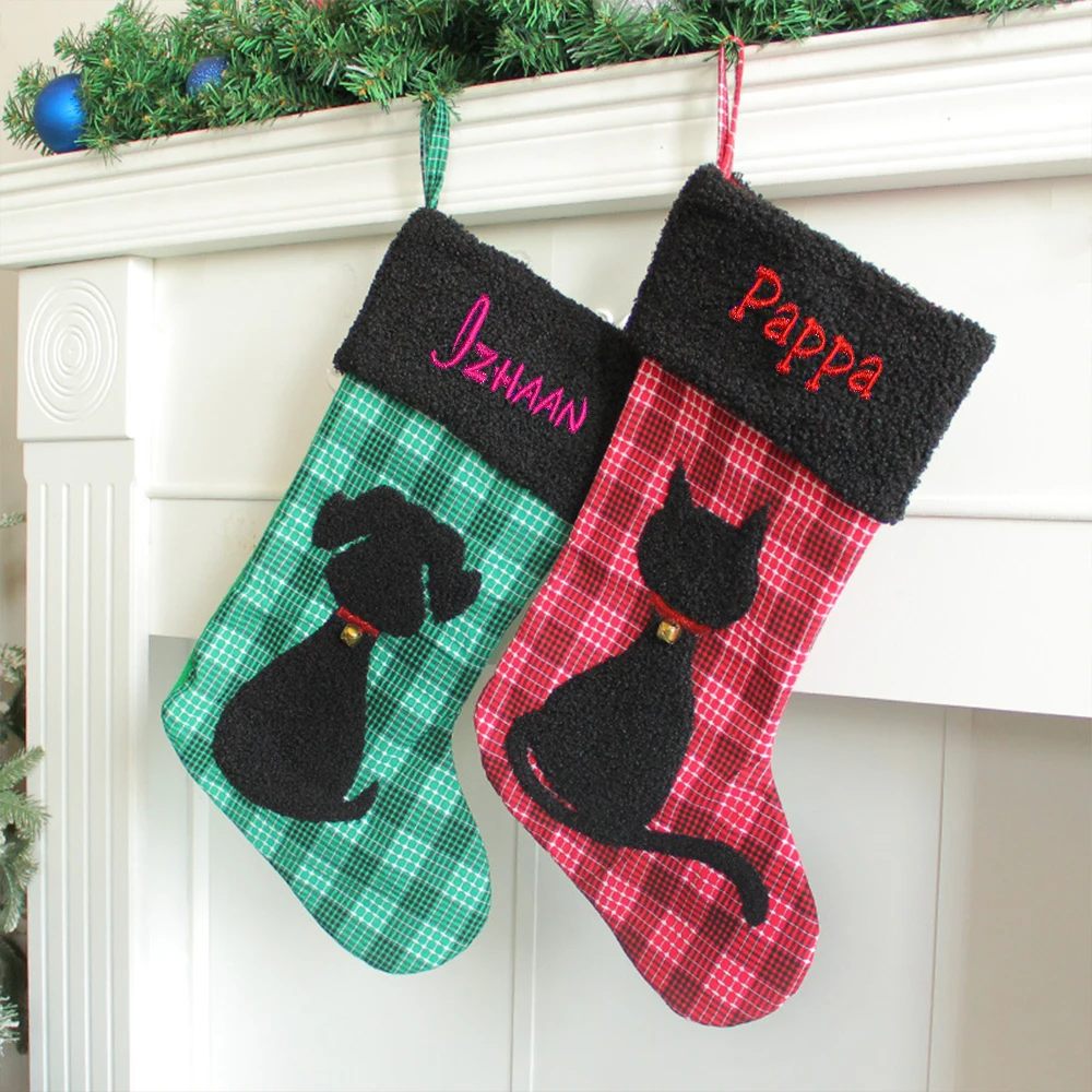 

Personalized Embroidery Christmas Candy Socks Creative Plaid Christmas Socks Decorations Plush Cat And Dog Christmas Bags Gift