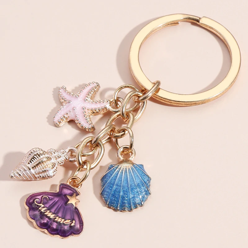 Mermaid Shell Starfish Dolphin Cluster Bag Charm KeyChains Gift 25mm Key  Rings Charms Metal Keyring 20Pcs