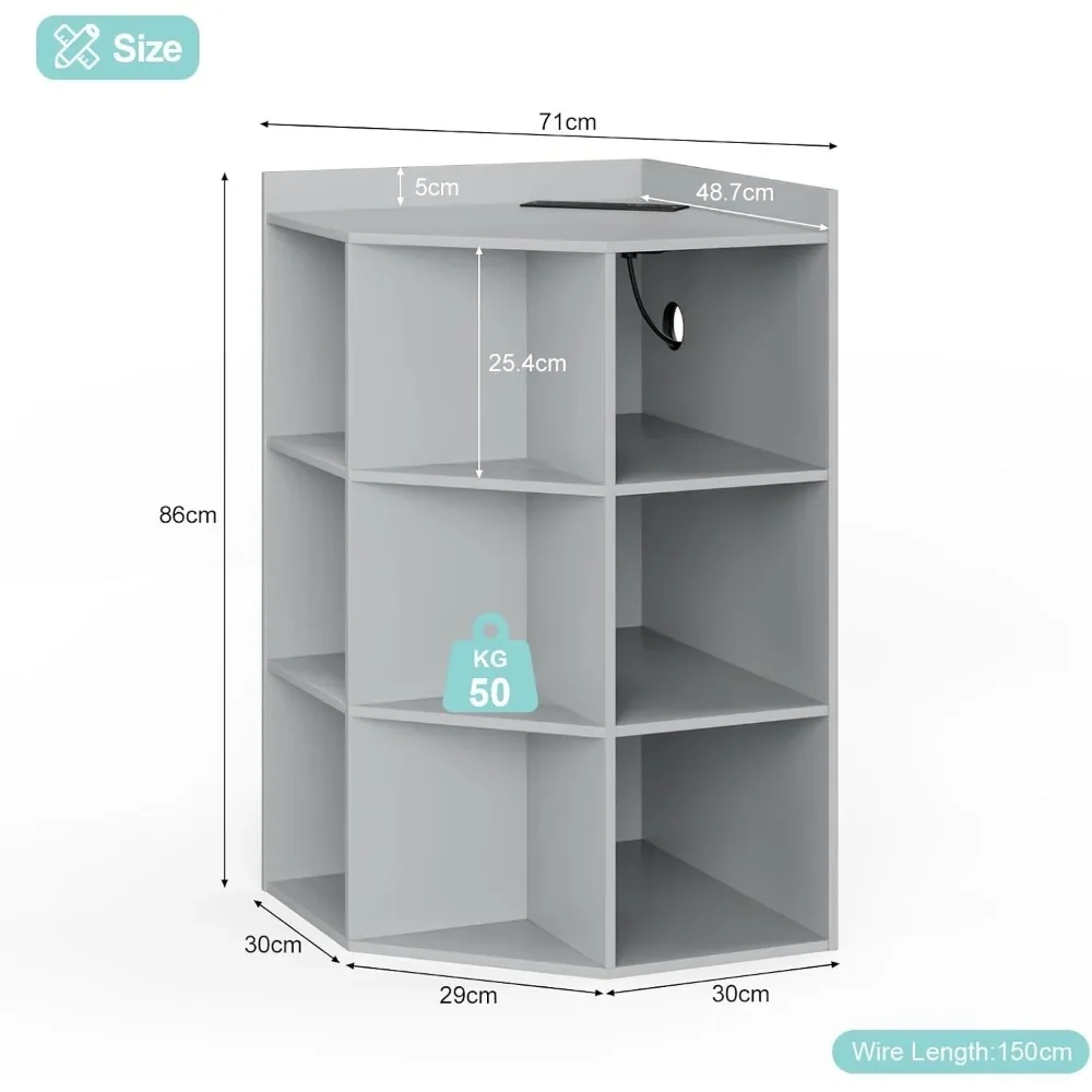 Kids Corner Bookshelf,9 Cubbies Corner Cabinet Wireless Charging with USB Ports and Outlets,Wooden 3-Tier Corner Bookcase 3