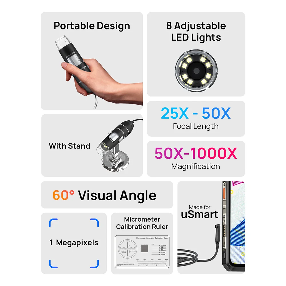 Ulefone 1000X Digital Microscope Camera 8 Adjustable LED Lights For Power Armor 18T , Power Armor 19，Power Armor 13，Armor 16 Pro