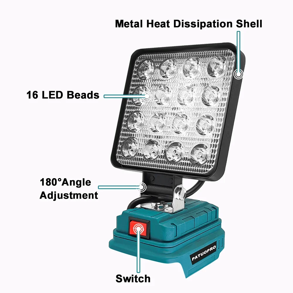 16 LED Cordless Portable Work Light 4 Inch Rechargeable Flashlight Adjustable Base for Makita 18V Battery (No Battery)