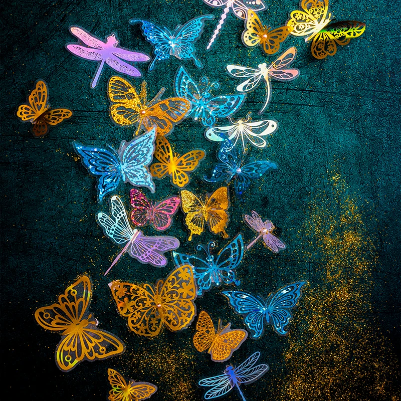 

30 pcs/pack scrapbooking multi-color multi-shiny creative foil dragonfly butterfly handbook decorative PET stickers 6 models