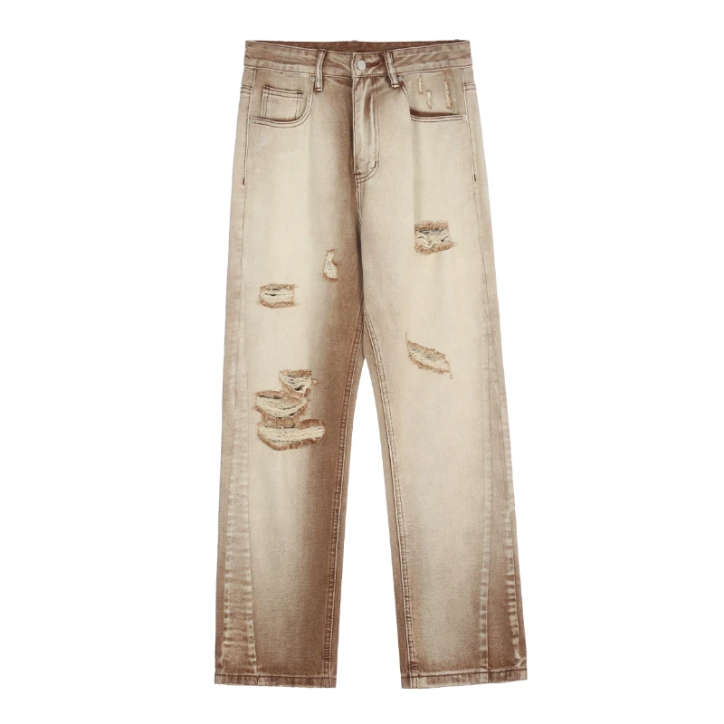 Fashion Denim Jeans Mens Destoryed Holes Zipper Straight Jeans Hip Hop Streetwear Spring Summer Casual Joggers Jeans Men Pants