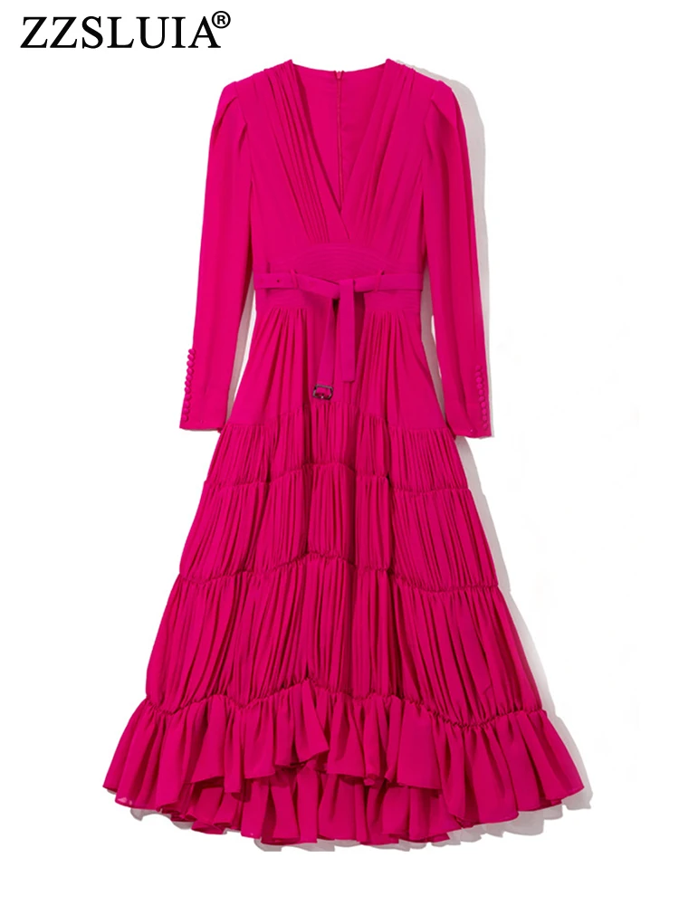 

ZZSLUIA Elegant Dresses For Women Solid Color Shirring Designer Slim Long Dress Fashion Long Sleeve Ruffles Hem Dresses Female