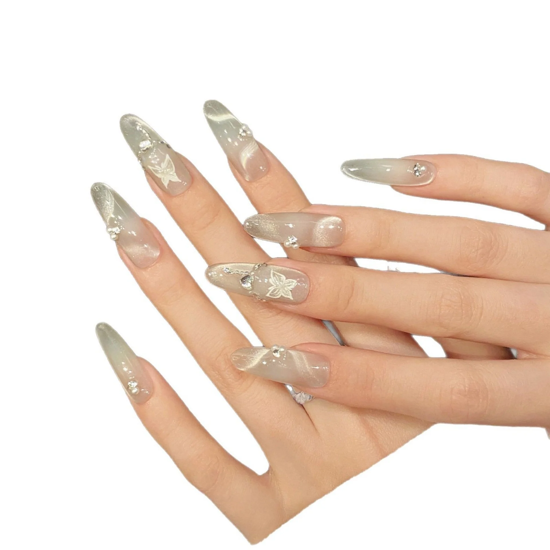 10pcs 긴 타원형 수제 거짓 손톱 팁 고양이 눈 나비 디자인 Argent 가짜 네일 아트 라인 석 손톱 세트에 아몬드 프레스