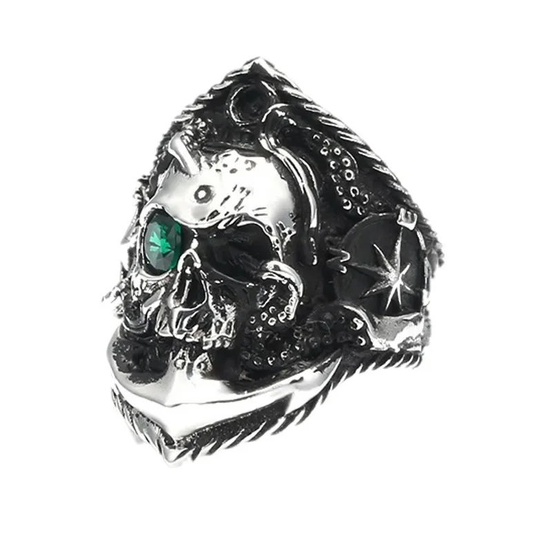 

New 2021 Trenday 100% S925 Silver Diamond-encrusted Zircon Personality Dark Punk Style Hipster Hip-Hop Rock Skull Man Ring