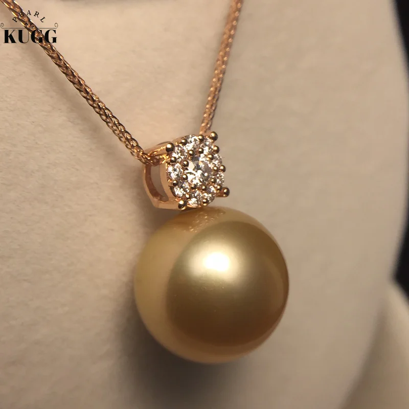 KUGG PEARL Solid 18K Yellow Gold Necklace 13-14mm Natural South Sea Gold Pearl Jewelry Real Diamond for Women Luxury Style Fine